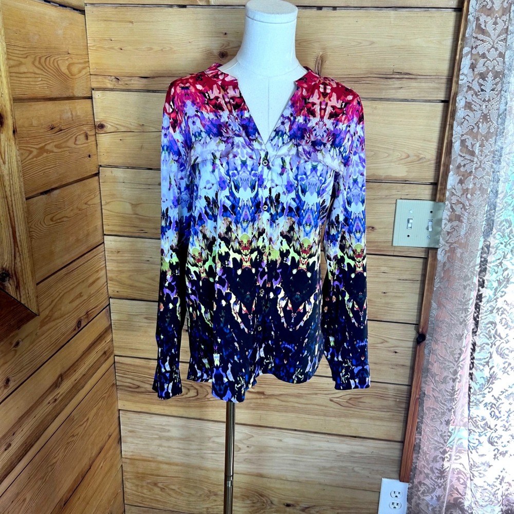 Watercolor Abstract Ikat Multicolor Blouse Womens Medium Roll Tab Calvin Klein